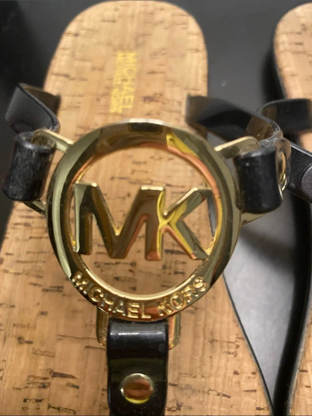 Michael Kors Black and Gold Logo Cork Footbed Thong Sandals